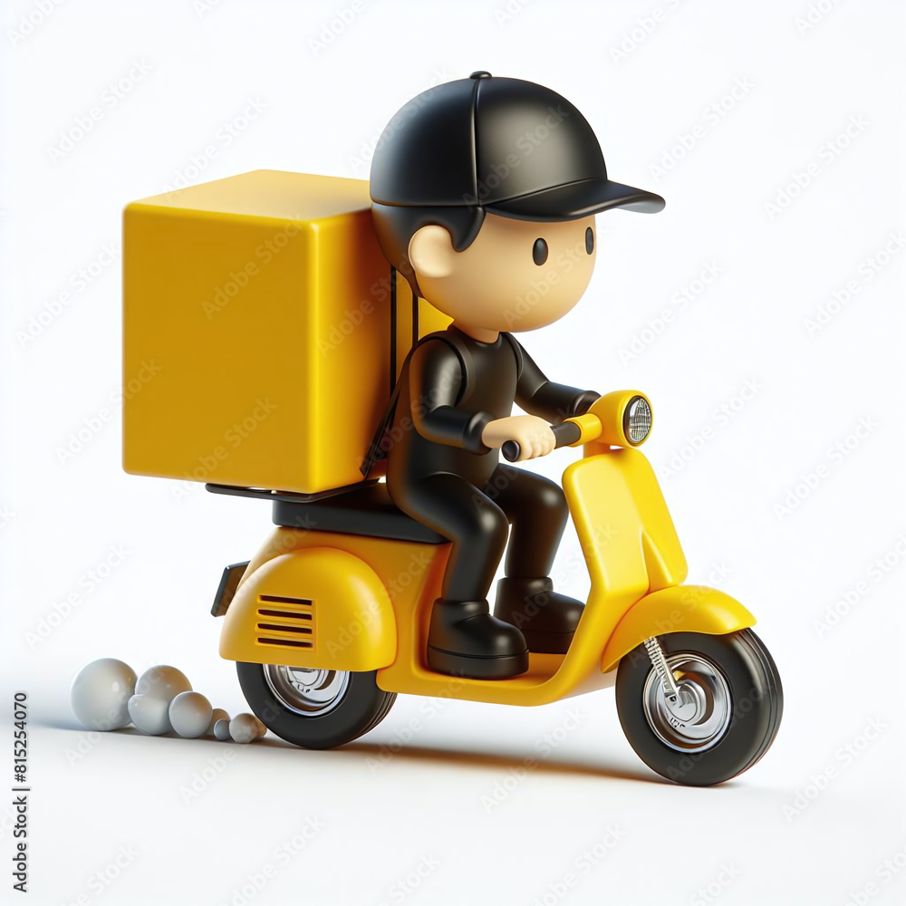 3D icon illustration of a delivery boy driving a yellow motorbike, app style, on white background 3D icon illustration of a delivery boy driving a yellow motorbike, app style, on white background