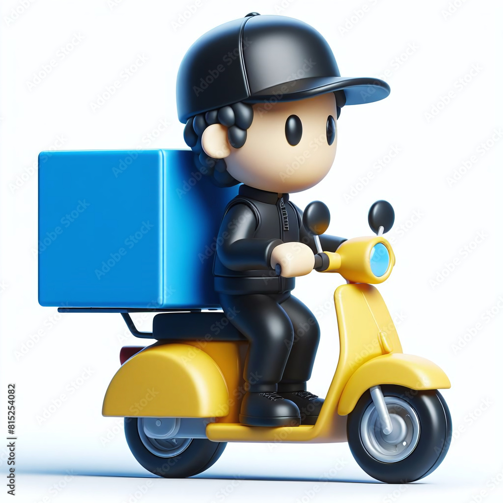 3D icon illustration of a delivery boy driving a yellow motorbike, app style, on white background 3D icon illustration of a delivery boy driving a yellow motorbike, app style, on white background