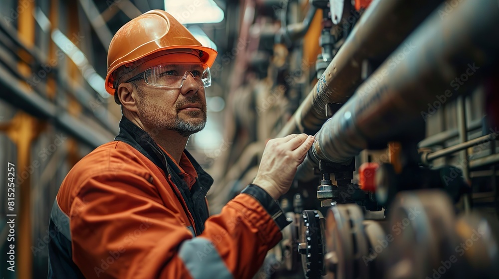 An engineer inspecting a wall of industrial pipes made with Ai generative technology An engineer inspecting a wall of industrial pipes made with Ai generative technology