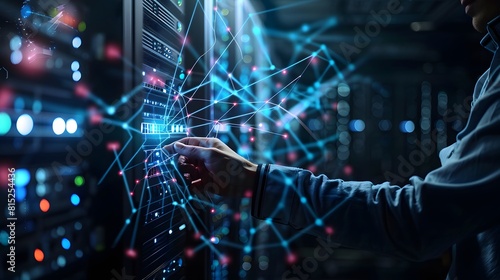 Big data, digital technology concept. Software engineer touching on virtual internet network connection with data center, network server, innovative futuristic technology background