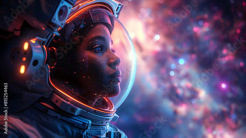 Close-up of african american female astronaut gazing at the universe with a fascinated expression. Space  woman  diversity and galaxy concept.