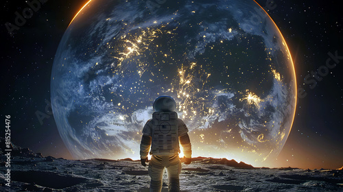 Astronaut standing on the moon, gazing at planet Earth in space with stars and galaxy visible in the background