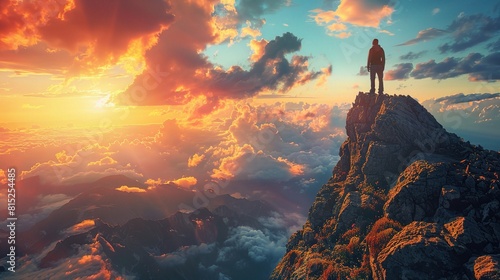 A lone hiker stands silhouetted against a fiery orange sunset, gazing out at a breathtaking mountain landscape photo