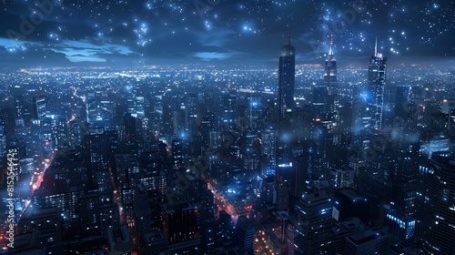 Panoramic view of a bustling city skyline at night illuminated by the glow of renewable energy