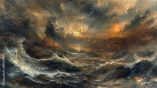 A painting of a stormy sea with a large wave crashing against the shore photo