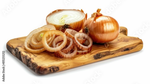 Fresh onion slices on a wooden cutting board photo