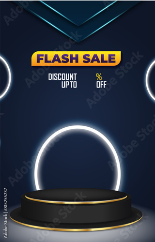 flash sale discount portait template banner with blank space 3d podium for product sale with abstract gradient blue background design1