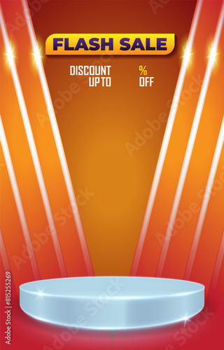 flash sale discount portait template banner with blank space 3d podium for product sale with abstract gradient orange background design