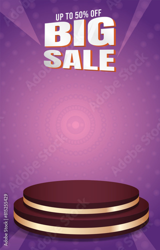 big sale discount portait template banner with blank space 3d podium for product sale with abstract gradient purple background design1