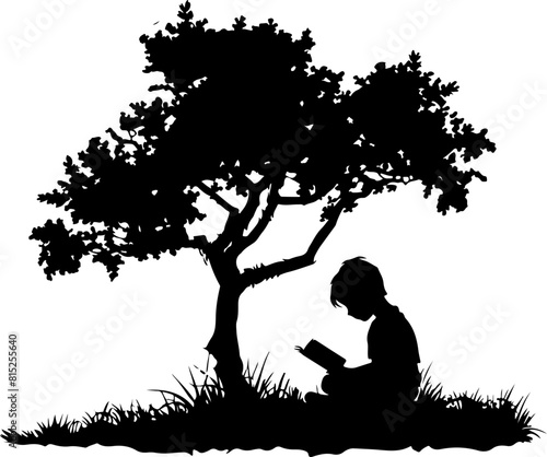 Silhouette of Child Reading Under Tree