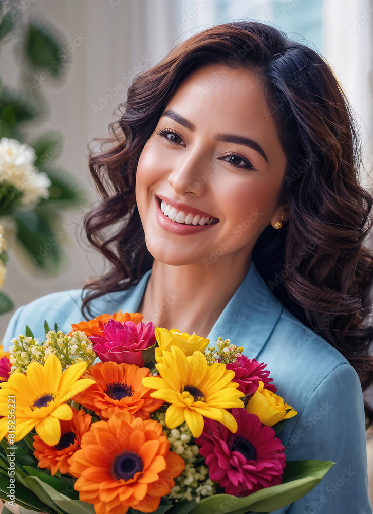 a beautiful woman smiling and being happy while holding a bouquet of flowers a beautiful woman smiling and being happy while holding a bouquet of flowers