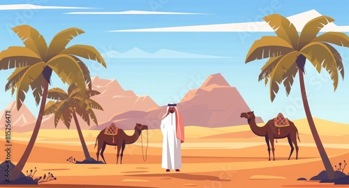 A desert landscape with palm trees and camels  featuring a Saudi man in traditional attire standing between two date palms.