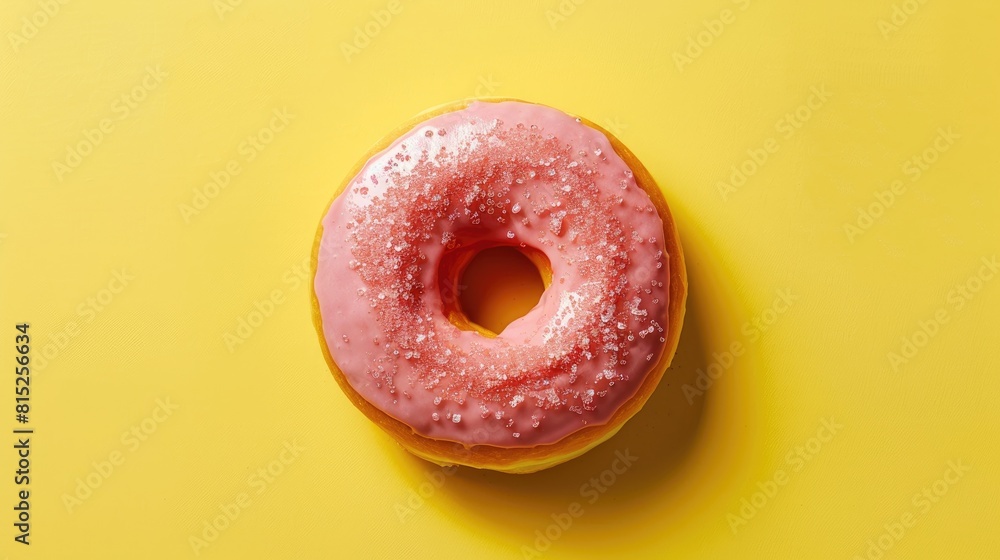 A tempting top down view of a pink iced donut against a sunny yellow backdrop Indulge in the world of sugary delights with this sweet treat on Donut Day A tempting top down view of a pink iced donut against a sunny yellow backdrop Indulge in the world of sugary delights with this sweet treat on Donut Day