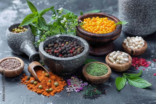 ingredients for herbal medicine are presented in small bowls  ready to be ground using a mortar and pestle  embodying the concept of ayurvedic natural remedies