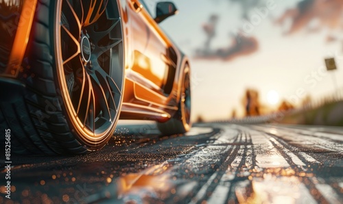 Closeup of car wheels on asphalt road with tire marks, low angle view. Luxury sportcar concept in motion. cinematic lighting, sunset light, depth blur, high resolution photography, super detailed