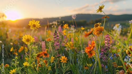 During the summer solstice picture a vibrant meadow filled with a kaleidoscope of wildflowers against a scenic natural backdrop