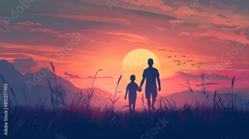 Happy fathers day dad and son beautiful silhouette sunset scene poster design vector illustration 