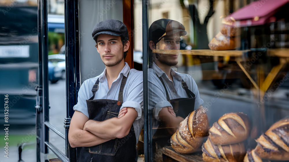 Portrait of a young French owner, stands with arms folded in front of the window of his bakery. Portrait of a young French owner, stands with arms folded in front of the window of his bakery.