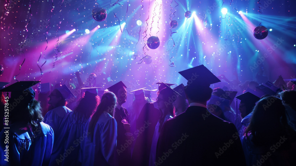 Obraz premium Graduates celebrating under disco lights and confetti at a lively party