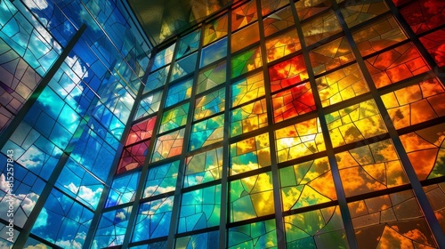 A stained glass window with many colors and shapes photo