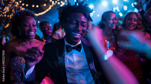 Young people dancing and celebrating at a lively party with colorful lights