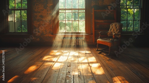 lonely room, a chair by the window in an empty room, with sunlight casting long shadows on the wooden floor, evoking a sense of lingering emptiness and melancholy