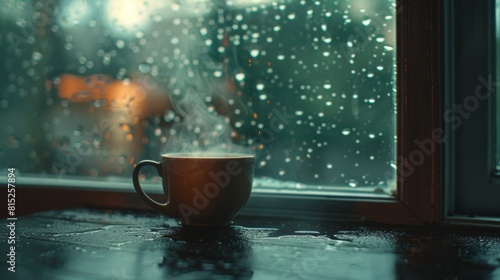 A steaming cup of coffee on a rain-splattered window sill with garden view