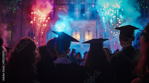 Graduates watching fireworks at a nighttime celebration with colorful lights