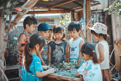 Group of asian kids standing in a row in the garden.
