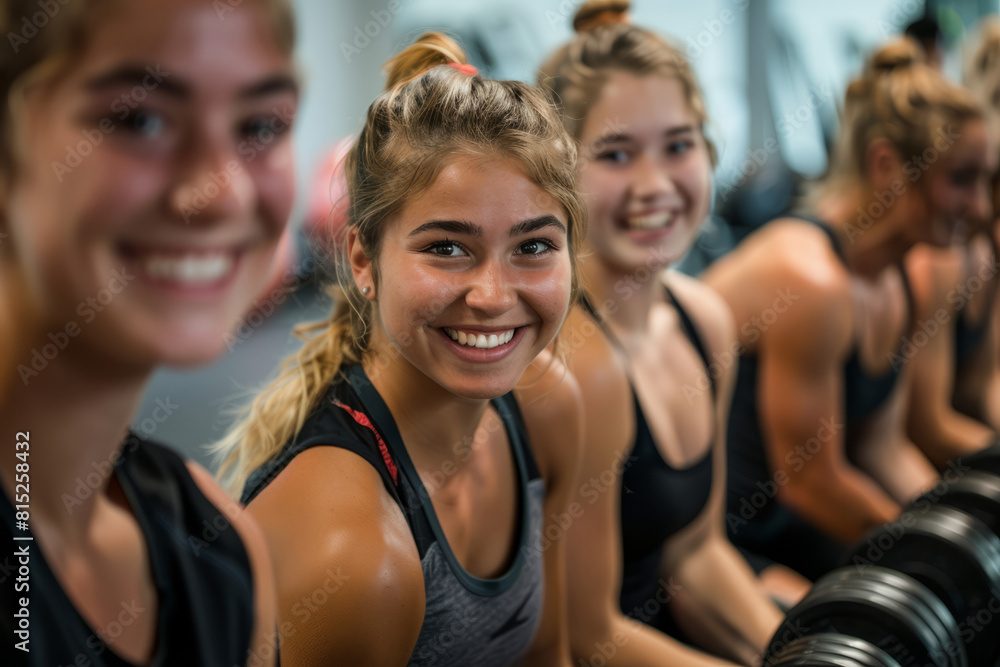A smiling young woman with a group of friends doing dumbbell curls in a gym A smiling young woman with a group of friends doing dumbbell curls in a gym