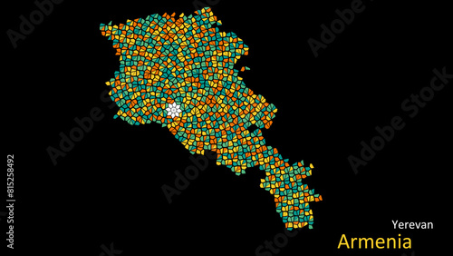 A map of Armenia is presented as a mosaic with a dark background  and the country s borders are outlined in the shape of a colorful mosaic  centered around the capital city.