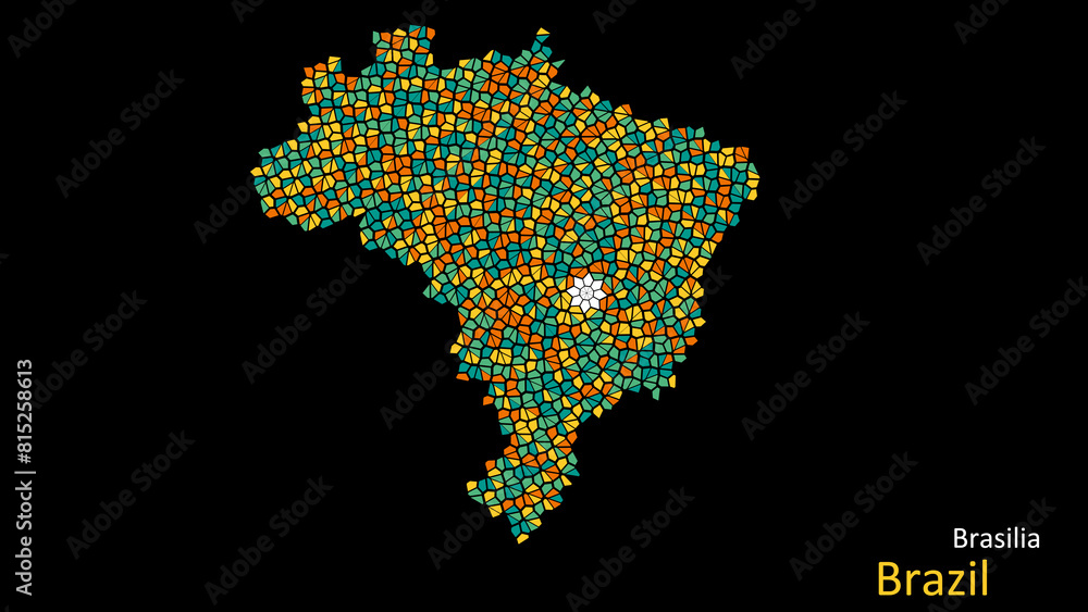 Obraz premium A map of Brazil is presented as a mosaic with a dark background, and the country's borders are outlined in the shape of a colorful mosaic, centered around the capital city.