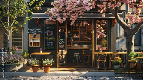 cozy cafe with tables and chairs under blooming cherry blossom trees, black shopfronts, wooden signboards, vintage architecture, cozy lighting, 