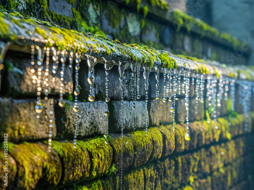 illustration of Green moss on old wall, moss growing on bricks frozen cold weather
