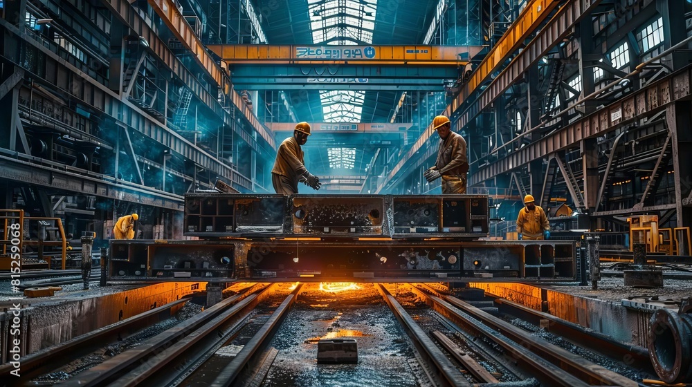 Visualize a factory setting where a team of workers is constructing a complex metal structure, emphasizing the importance of safety in metallurgy Visualize a factory setting where a team of workers is constructing a complex metal structure, emphasizing the importance of safety in metallurgy