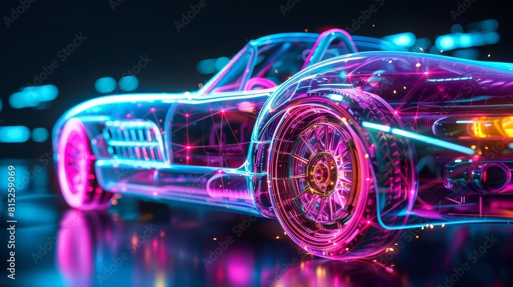 Visualize a conceptual xray image of a roadster with glowing colors to differentiate various materials and parts like carbon fiber and aluminum