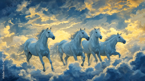 Film grain effect  watercolor drawing  white horses galloping in clouds in the sky