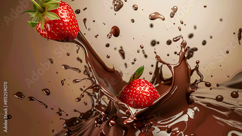 Strawberry falling into melted liquid chocolate, food dessert and confectionery industry photo