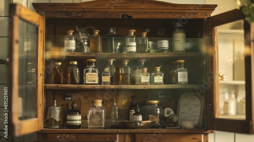 A wooden cabinet with many bottles and jars on the shelves