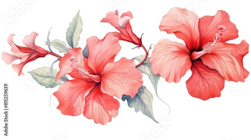 Botanical watercolor illustration showcasing the intricate details of a hibiscus flower in shades of red and pink