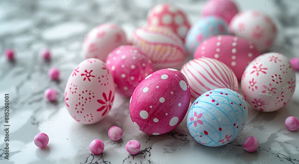 colorful easter eggs on a white marble surface