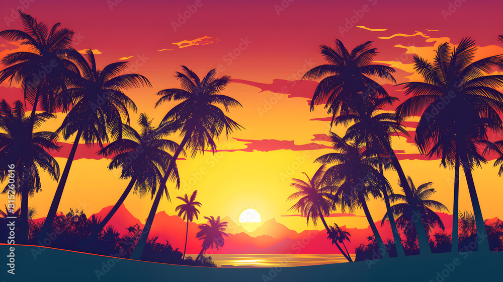 Silhouette of palm trees at tropical sunrise or sunset, perfect for travel and vacation themes.