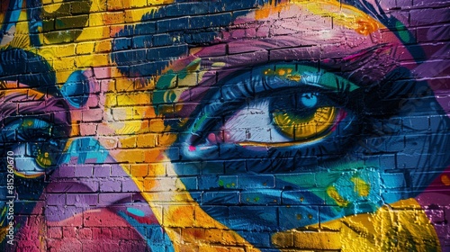 Colorful street art mural on a brick wall in urban setting, showcasing vibrant graffiti