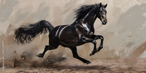 A painting of a black horse with long hair running through the water. 