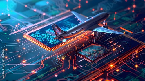 Concept of digital twins in aviation technology, graphic of a microchip with an airplane and futuristic elements