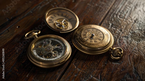 Antique pocket watches opened to show delicate inner workings, surface of a dark oak table, dramatic side lighting to capture texture and intricacy realistic