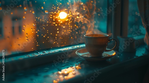 Cozy cup of coffee on a rainy day by the window, warm indoor ambiance