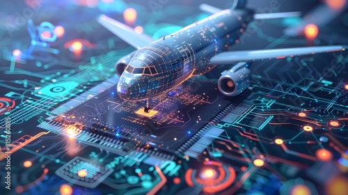 Concept of digital twins in aviation technology, graphic of a microchip with an airplane and futuristic elements