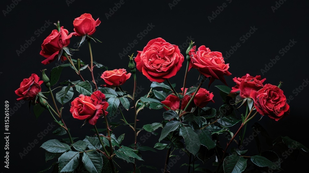 An exquisite arrangement of vibrant red roses set against a striking black backdrop An exquisite arrangement of vibrant red roses set against a striking black backdrop