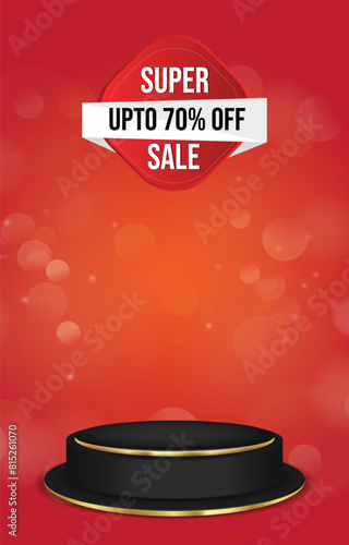 super sale discount portait template banner with blank space 3d podium for social media feed product sale with abstract gradient red background design20